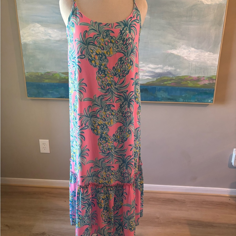 Lilly Pulitzer Tropical Pink Midi Dress.👗 size Large Turquoise pineapples 🍍